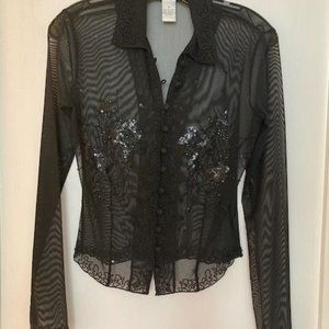Cache sheer, beaded long sleeve button front top Women's Size M